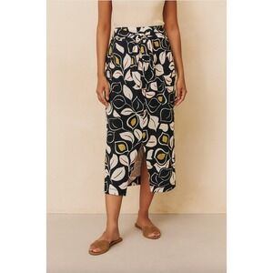 Anthropologie Midi‎ Skirt Palm Floral Print Tie Waist Black White Yellow Small